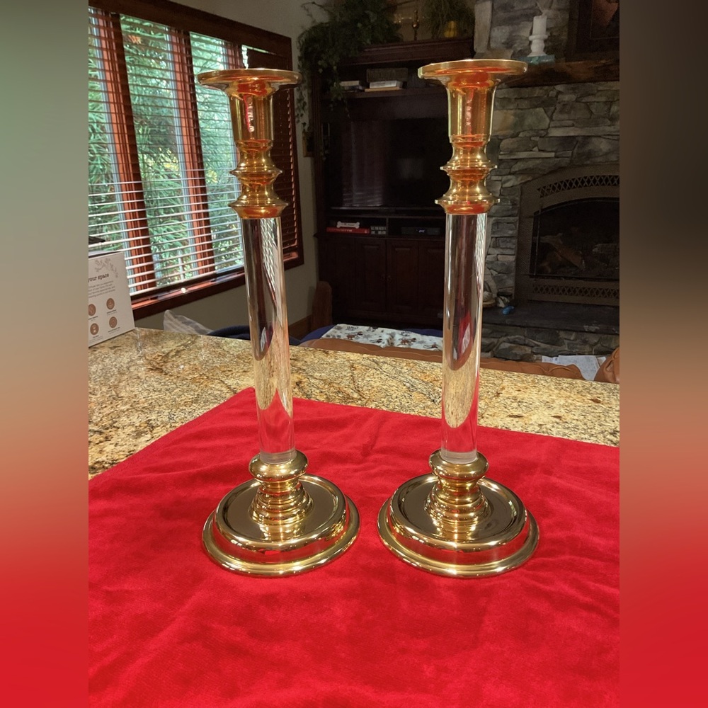 Set of two (2) brass and lucite candlestick holders. EUC